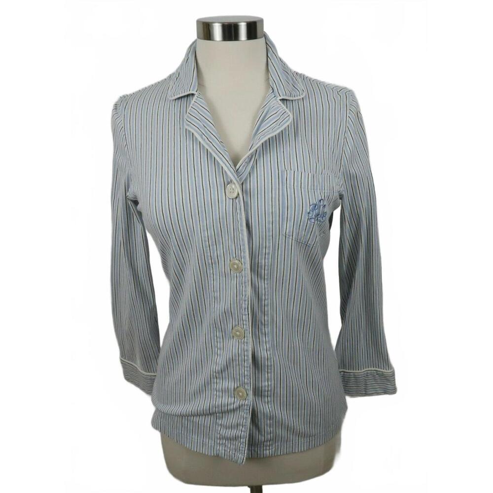 Lauren Ralph Lauren Womens Cotton LS Button Down Blue Striped Pajama PJ Shirt M